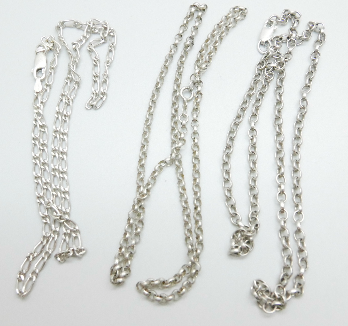 Three silver neck chains, 27g, each 50cm