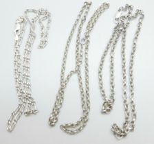 Three silver neck chains, 27g, each 50cm