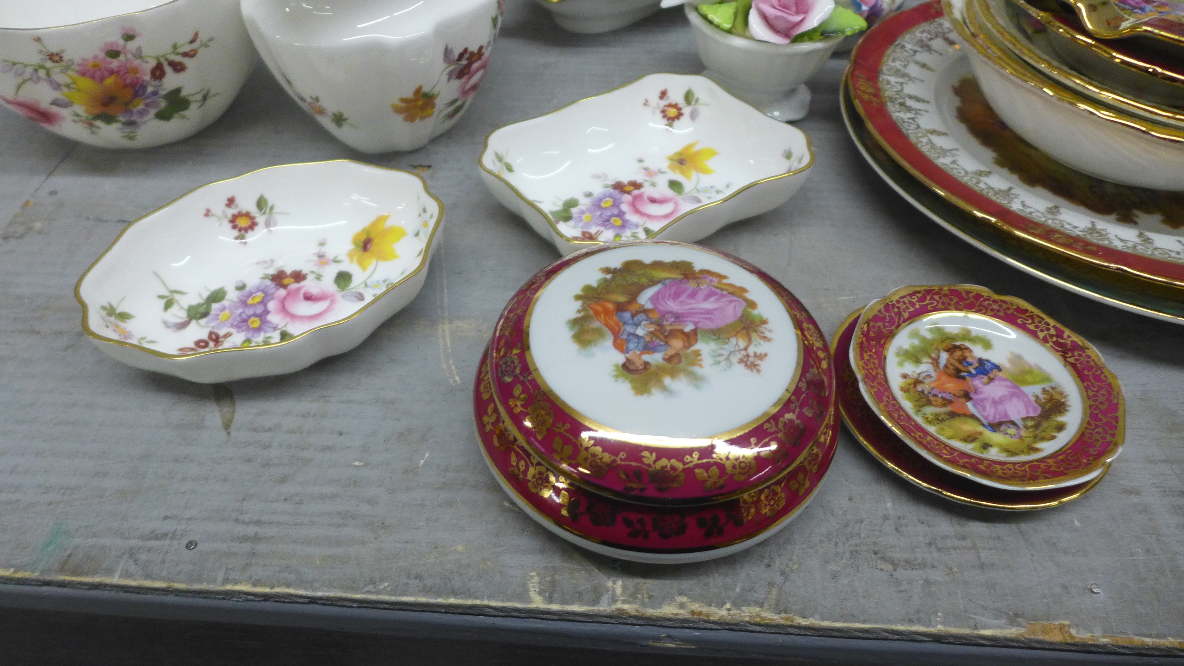 Royal Crown Derby, Derby Posies, six saucers, cups, milk jug and creamers, five dressing table pin - Image 3 of 6