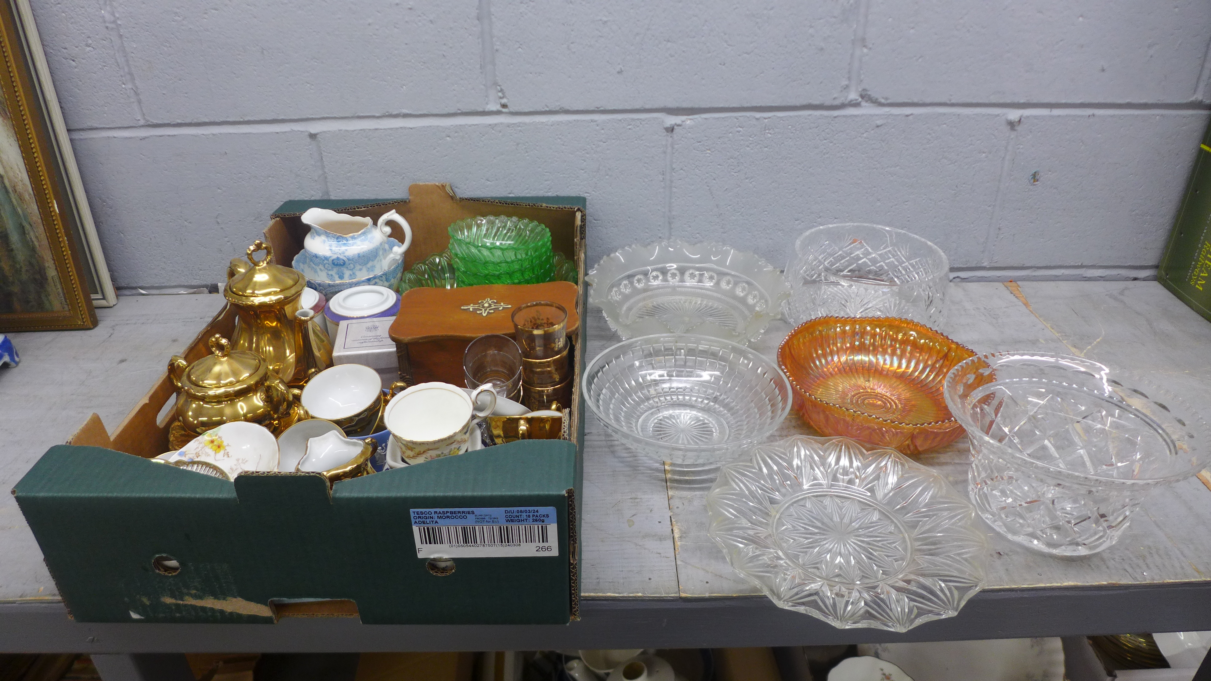 Mixed China and glass including, green glass pudding set, Wedgwood, Jasperware cup and saucer,