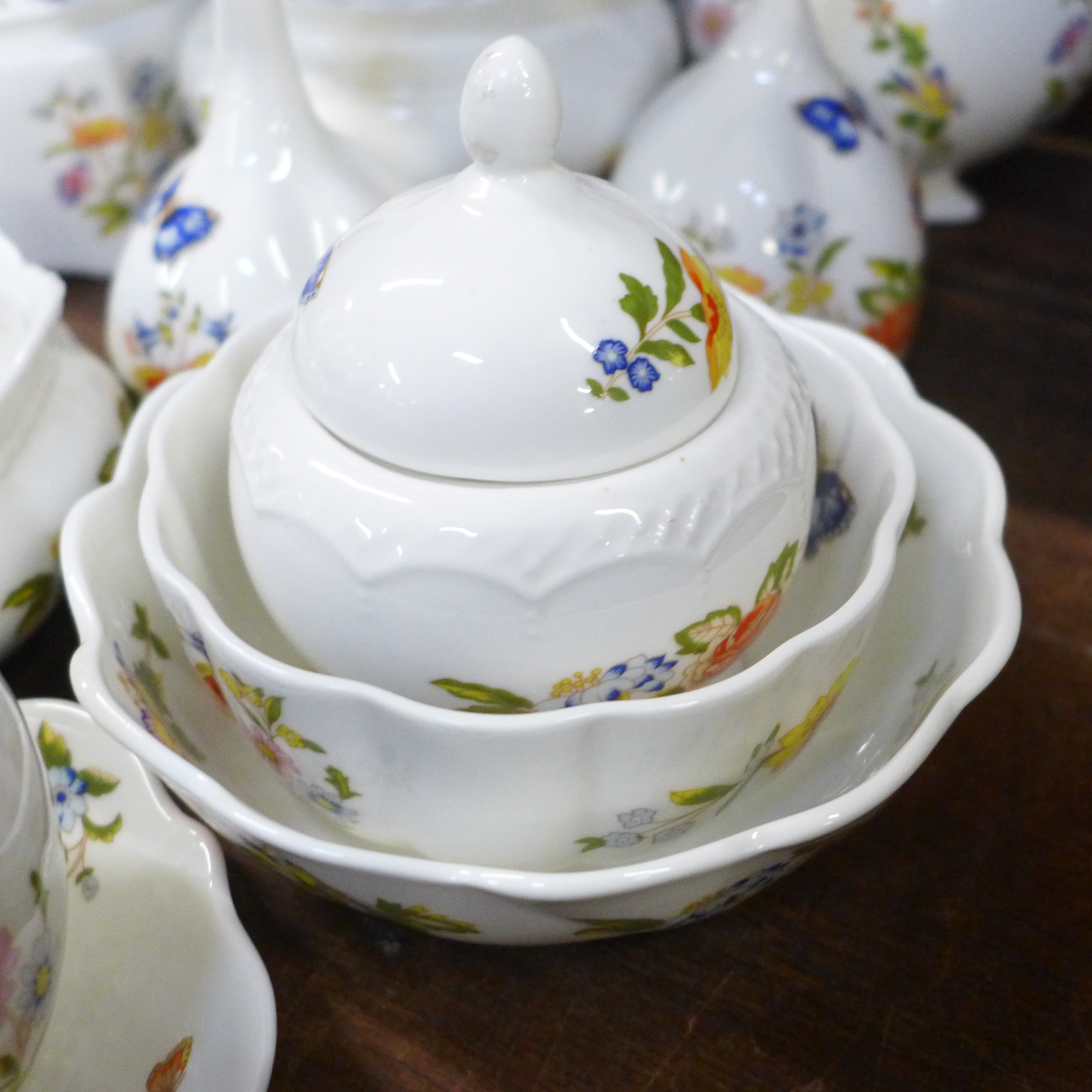 A collection of Aynsley Cottage Garden lidded pots, bells, clock and bowls, seventeen in total - Image 4 of 6