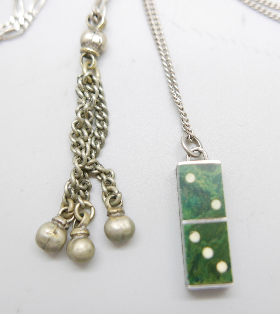 Two silver chains, a silver domino pendant and one other pendant - Image 2 of 3