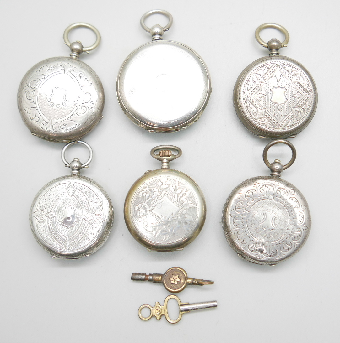 Six ladies Swiss engraved silver fob watches Circa 1910; two winding keys. - Image 3 of 3