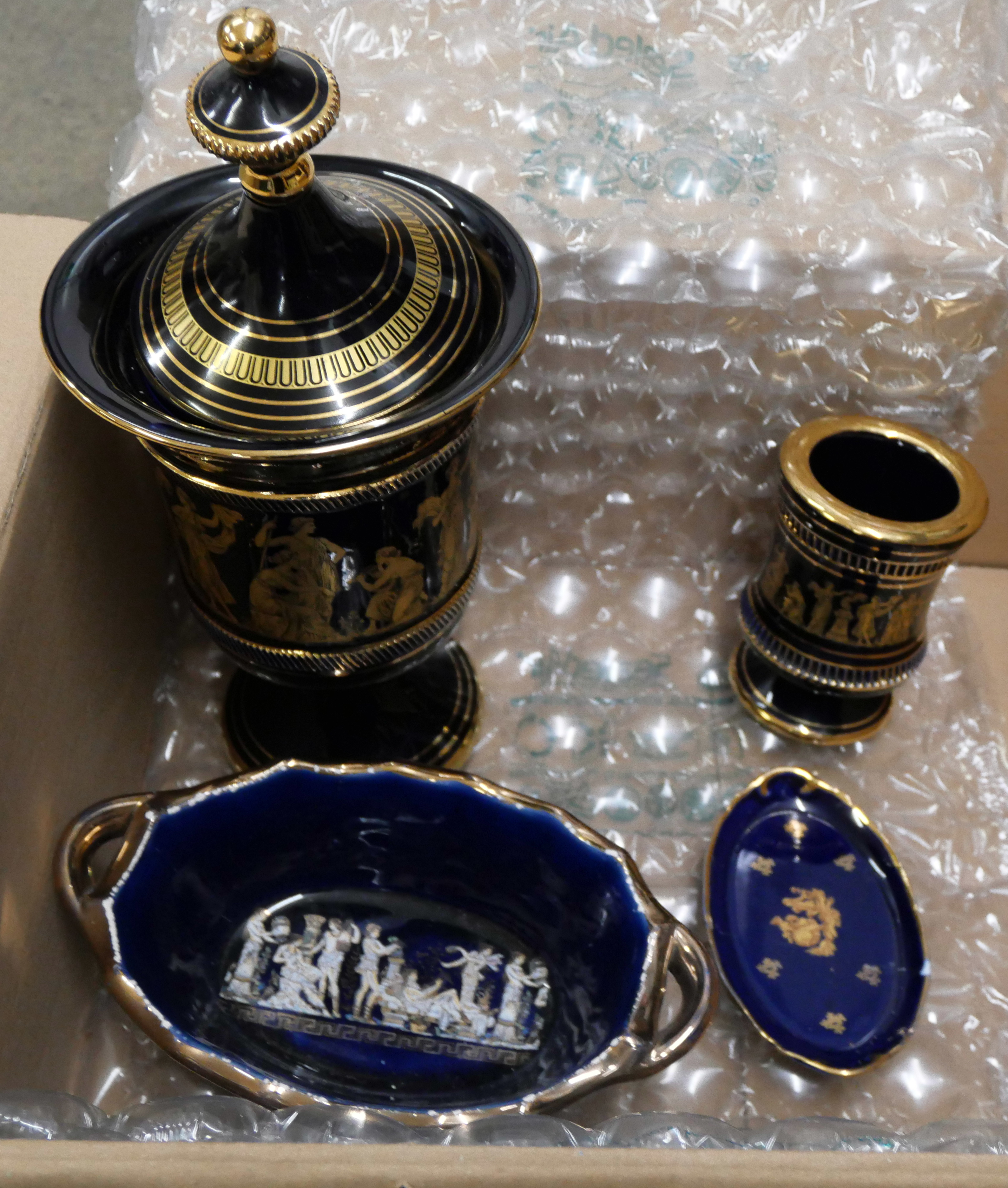 Greek Revival lidded urn and small urn, both highlighted in 24kt gold and one other similar blue two - Image 3 of 3