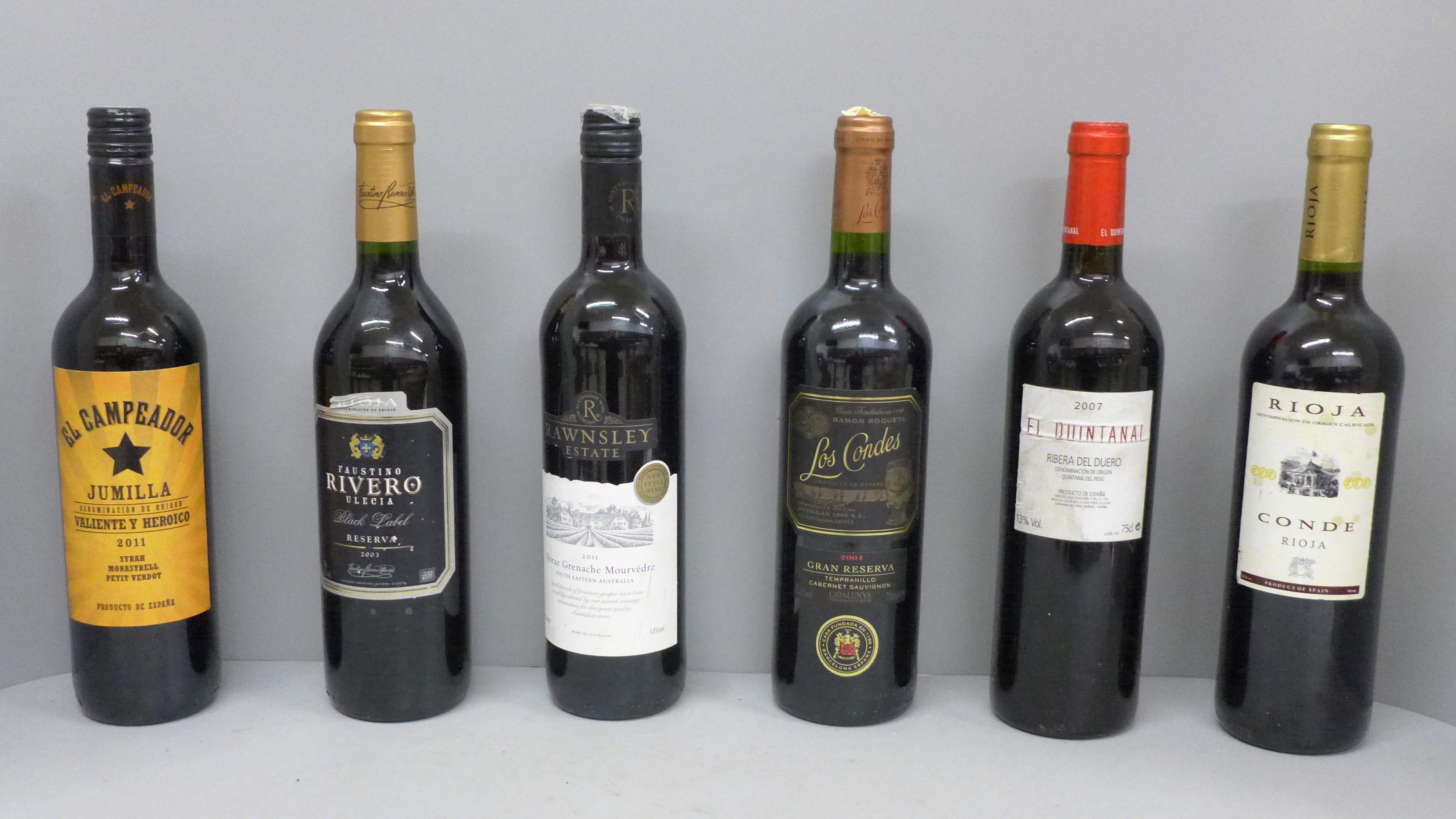 Twelve bottles of red wine including Faustino Rivero, El Campeador, Conde Rioja and Les Cordes - Image 2 of 2