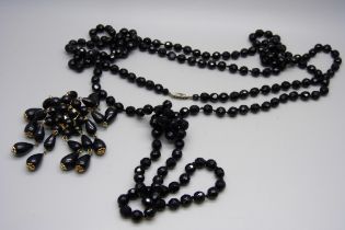 A French jet bead necklace and a brooch