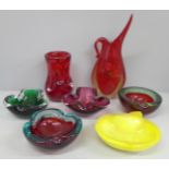 Two Murano red and turquoise Sommerso bowls, two further Murano glass ashtrays, bowls, a yellow