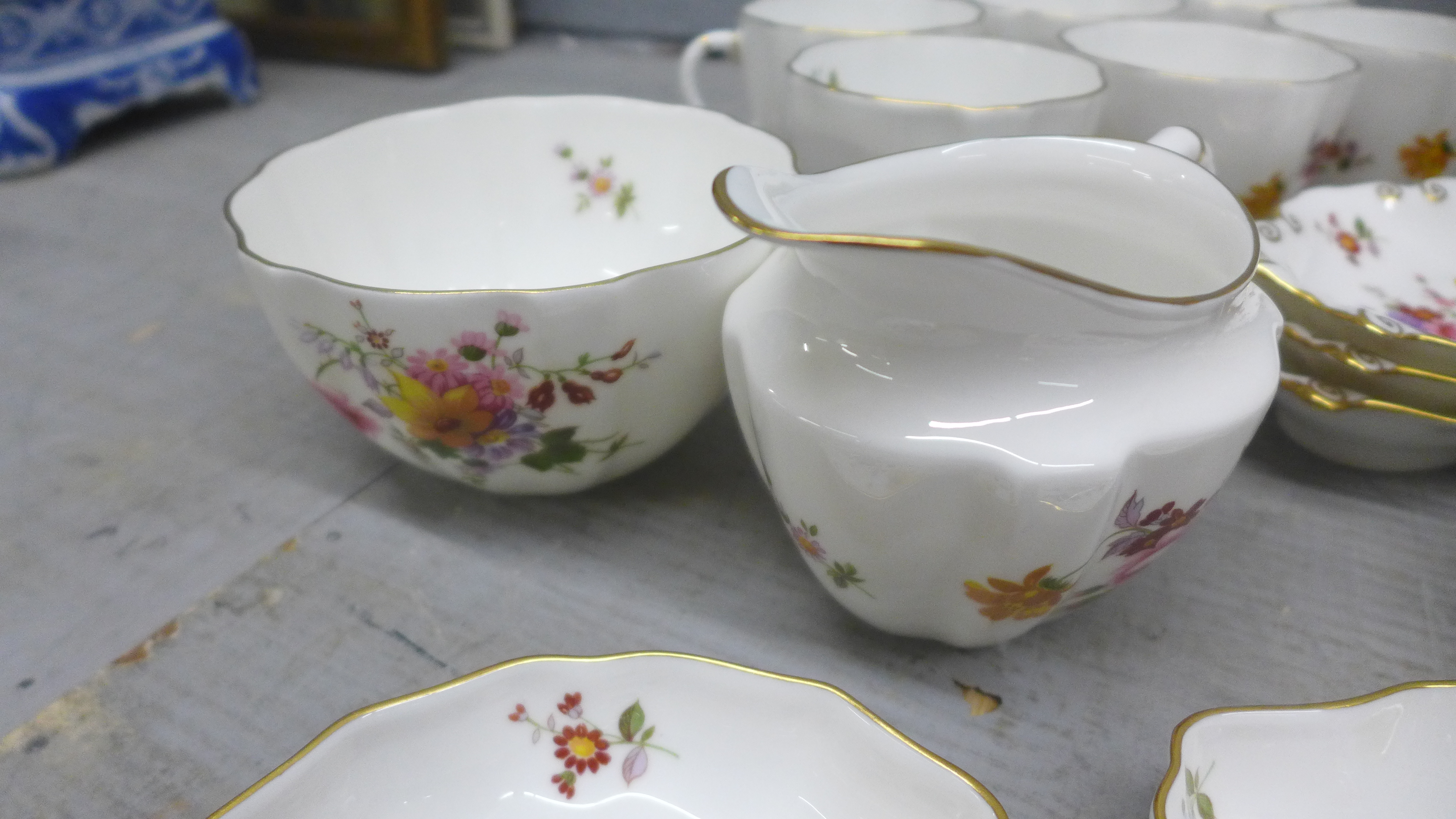 Royal Crown Derby, Derby Posies, six saucers, cups, milk jug and creamers, five dressing table pin - Image 5 of 6