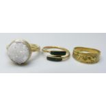 Three silver gilt rings, K, M and P