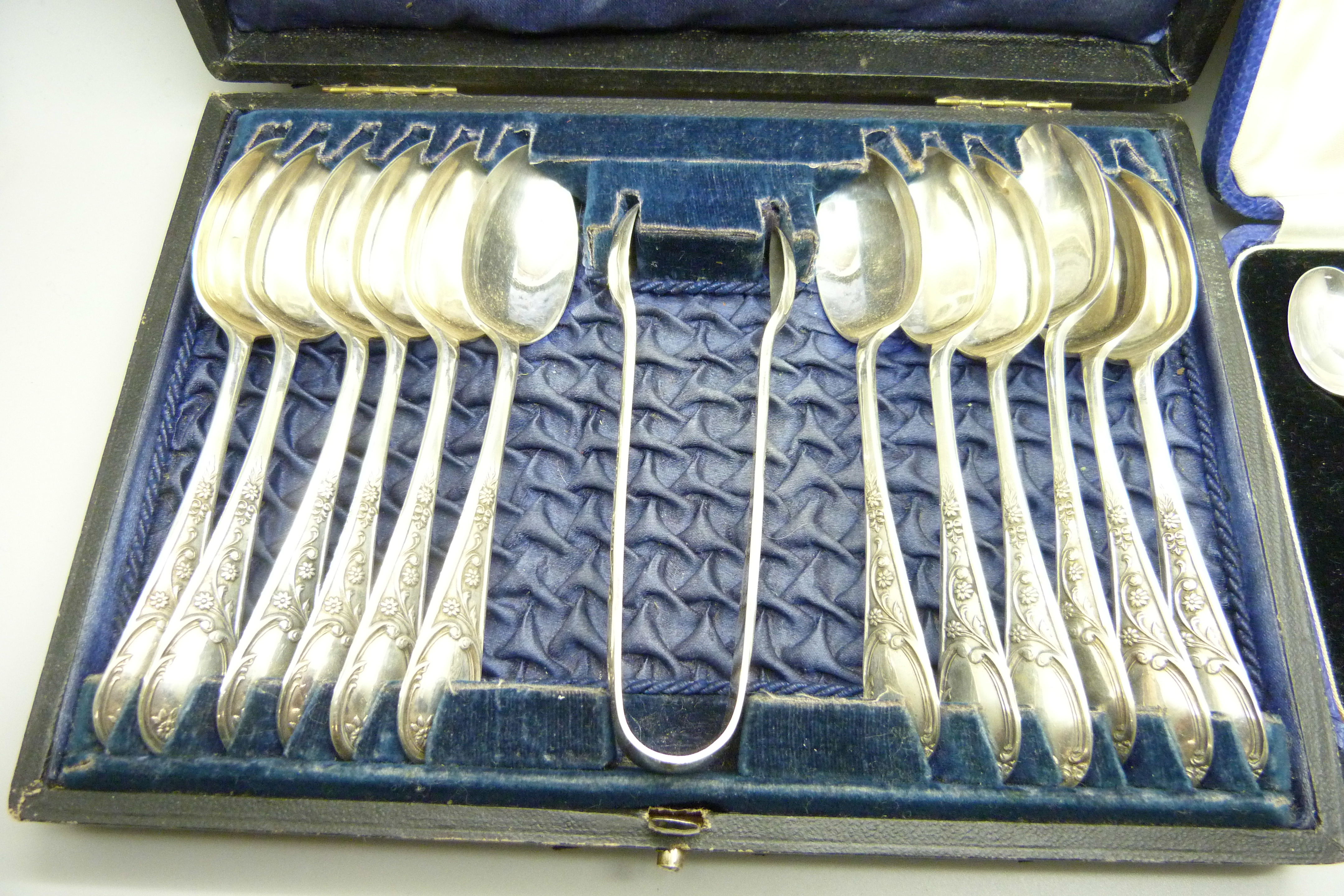 A cased set of six silver coffee spoons, Sheffield 1940, 48g, and a cased set of plated spoons - Image 2 of 6