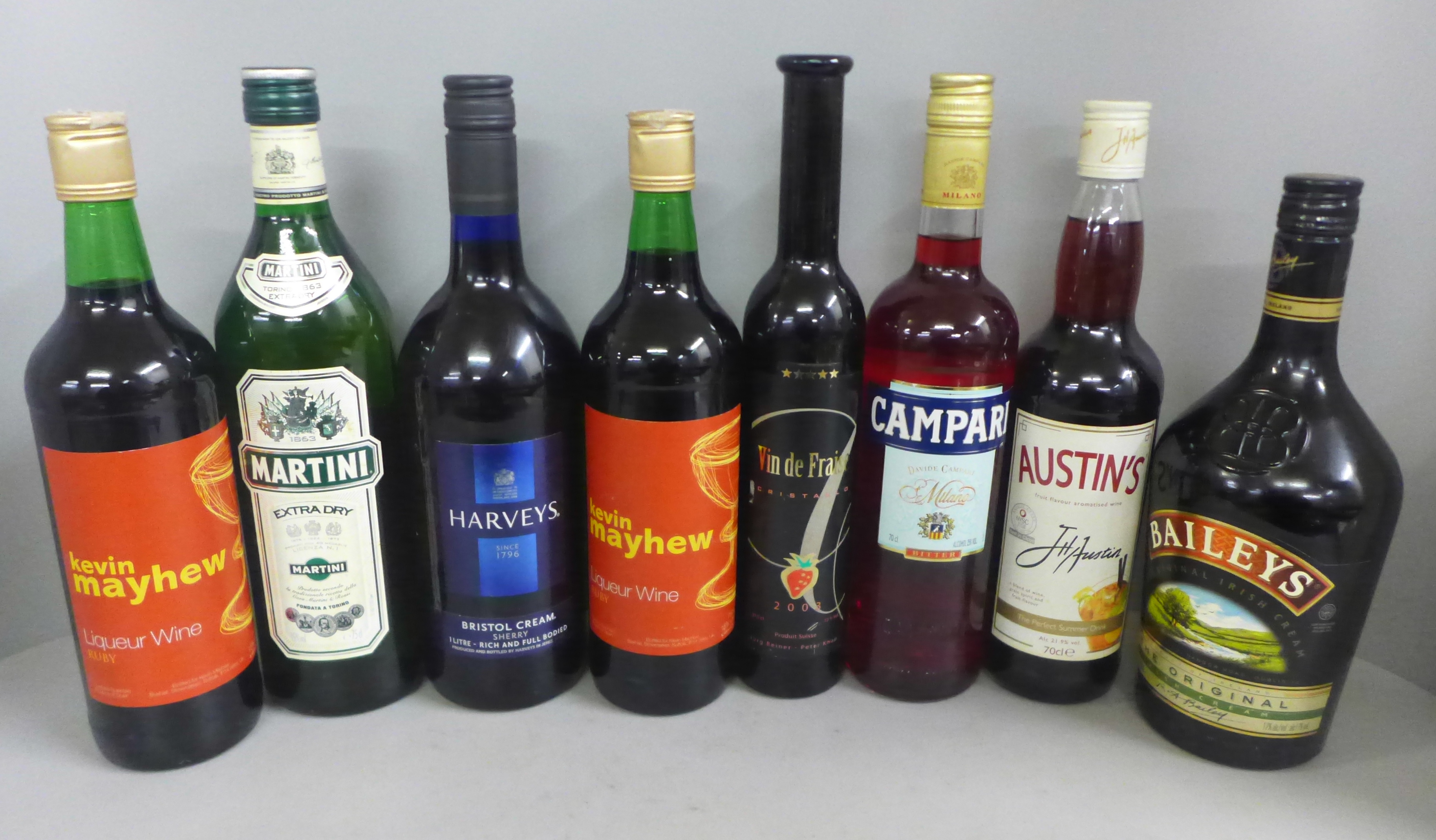 Eight bottles of assorted wines and spirits including Martini, Sherry, Campari, Baileys
