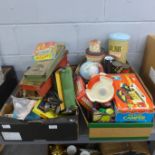 Two boxes of vintage toys and games including a Meccano steam engine, building blocks, etc **