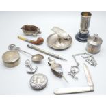 A collection of silver, etc.; including silver pig pin cushion, Birmingham 1905, silver cigar