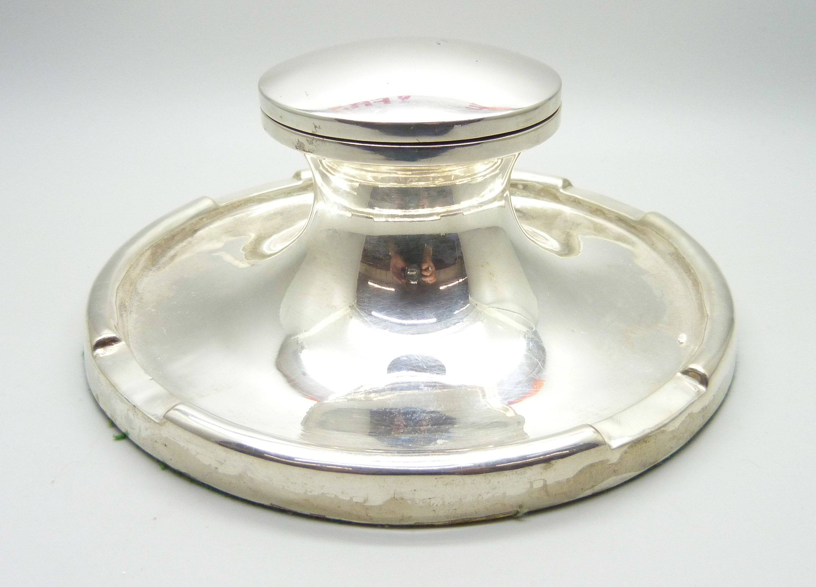 A large silver Capstan inkwell, worn Birmingham hallmark, diameter of base 17.5cm - Image 2 of 3