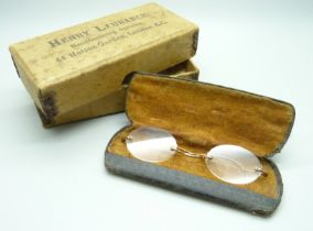 A pair of vintage spectacles, with case and box, marked Henry Laurance, 44 Hatton Garden