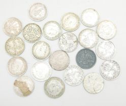 A collection of silver 3d coins, 29gm