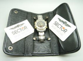 A Sector chronograph alarm wristwatch in soft pouch, with card and instructions