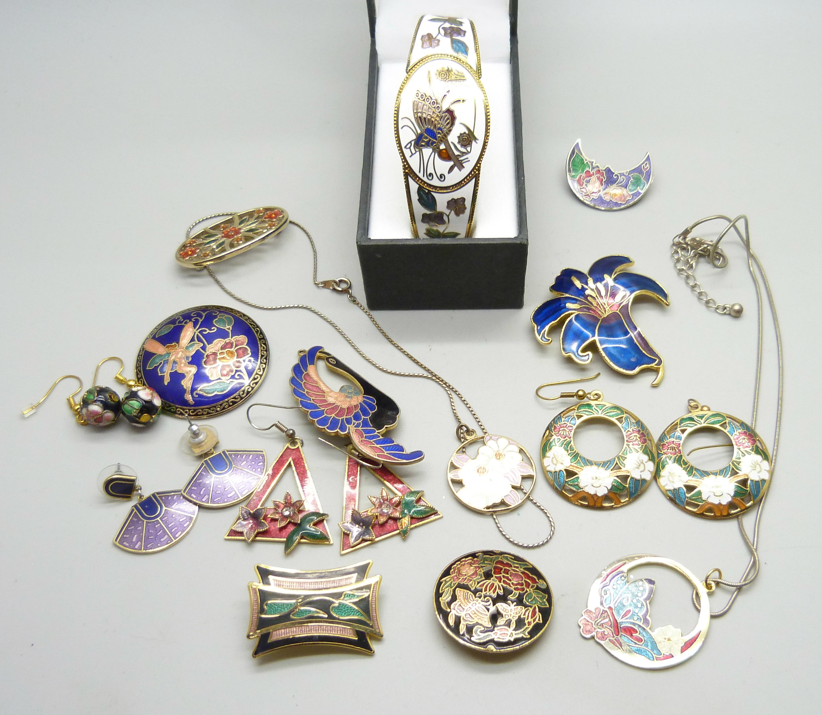 Cloisonne jewellery, four pairs of earrings, seven brooches, two necklaces and a bangle - Image 4 of 4