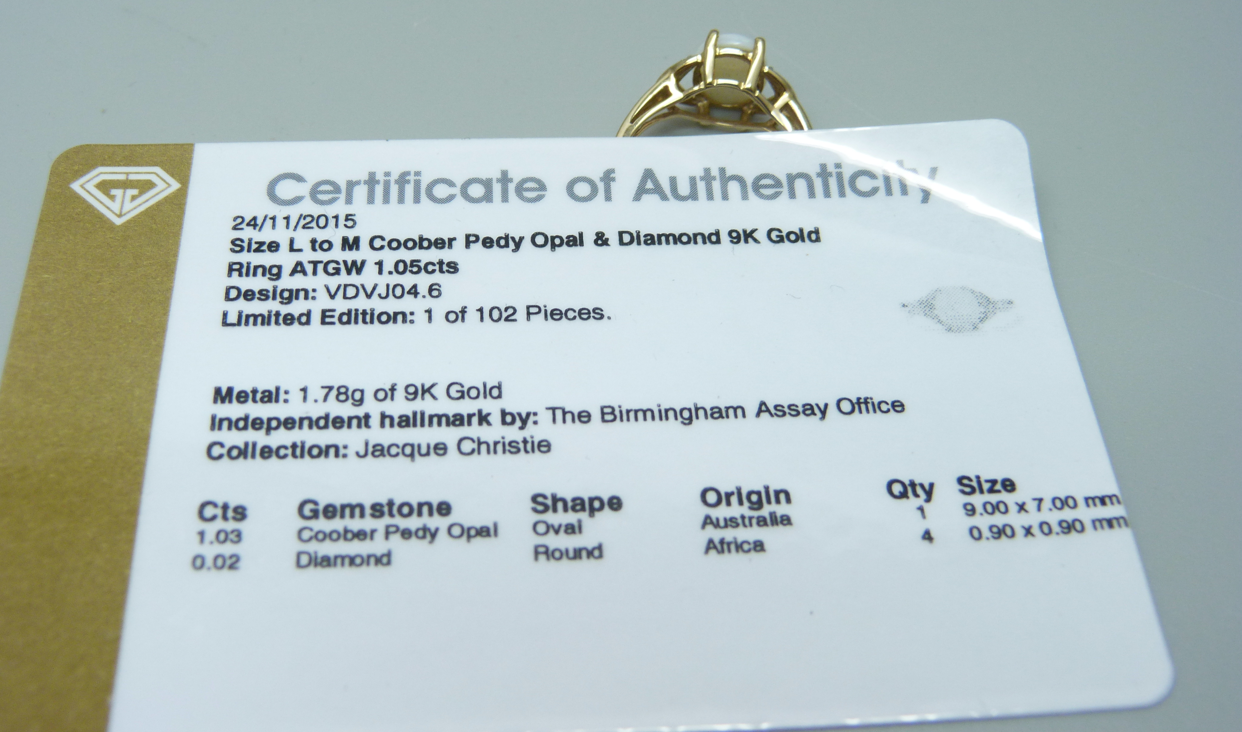 A 9ct gold Coober Pedy Australian opal and diamond ring, 2g, L, with certificate - Image 4 of 4