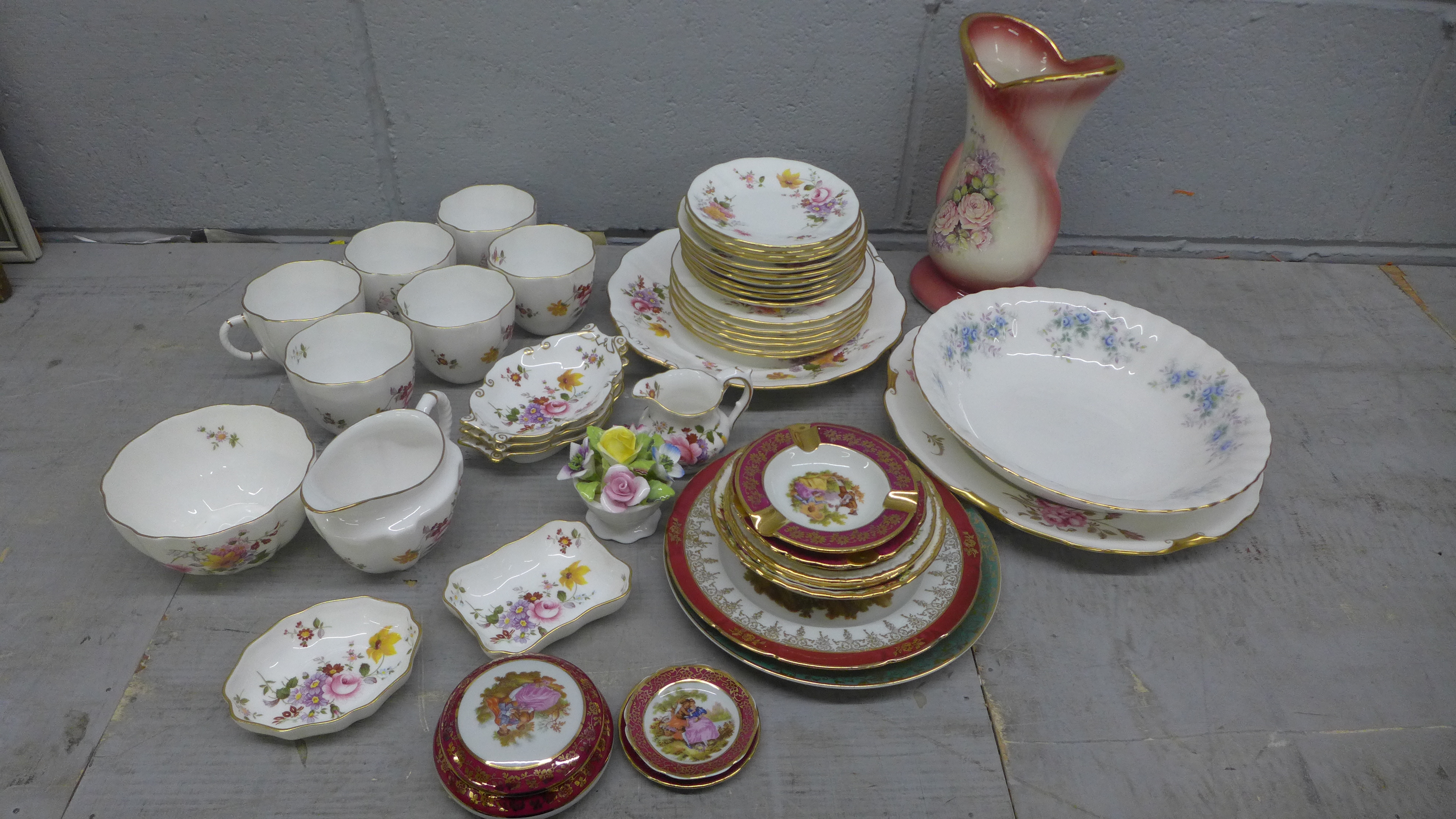 Royal Crown Derby, Derby Posies, six saucers, cups, milk jug and creamers, five dressing table pin - Image 2 of 6