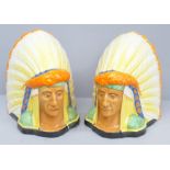 A pair of Native American Indian Chief book ends, marked Made in England, late Art Deco period, some