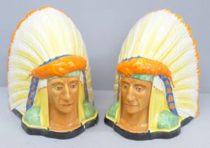 A pair of Native American Indian Chief book ends, marked Made in England, late Art Deco period, some