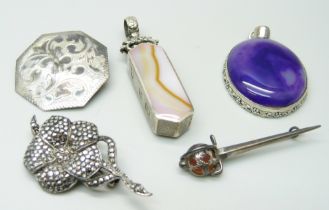 Two silver and stone set pendants and three silver brooches including marcasite set