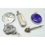 Two silver and stone set pendants and three silver brooches including marcasite set