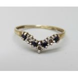 A 9ct gold, sapphire and zircon wishbone ring, 1.1g, O
