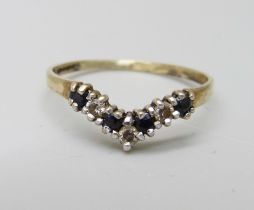 A 9ct gold, sapphire and zircon wishbone ring, 1.1g, O