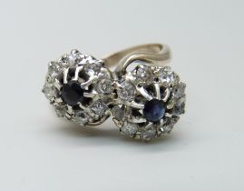 A sapphire and diamond double cluster ring, shank marked 950, 4.1g, P