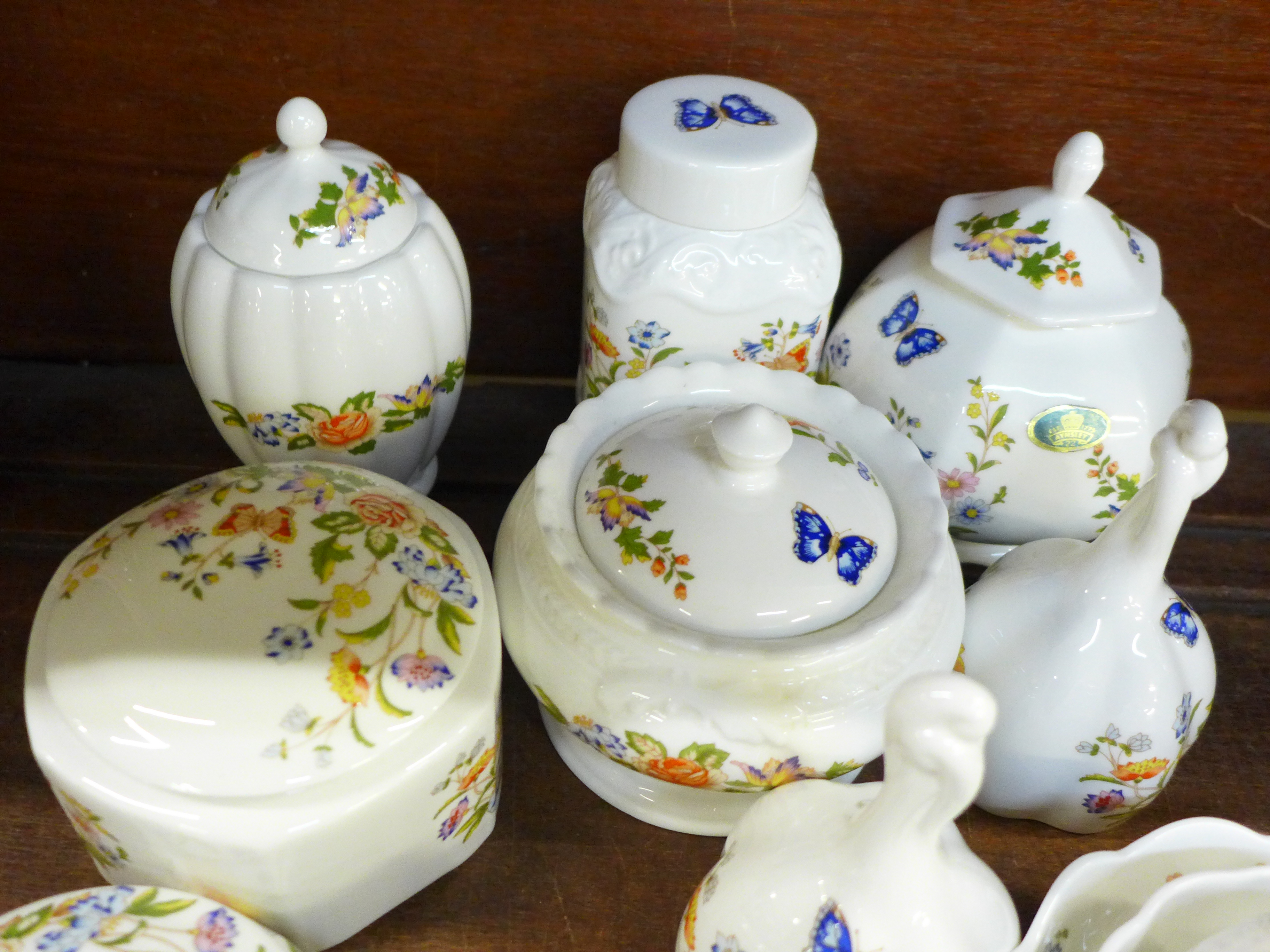 A collection of Aynsley Cottage Garden lidded pots, bells, clock and bowls, seventeen in total - Image 2 of 6