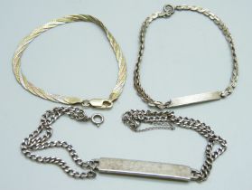 Two silver ID bracelets and one other silver bracelet, 21g