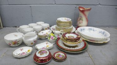 Royal Crown Derby, Derby Posies, six saucers, cups, milk jug and creamers, five dressing table pin