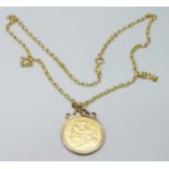 A Queen Victoria 1900 half sovereign, in a 9ct gold mount and on a 9ct gold chain, 6.6g total weight