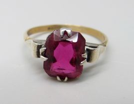 A 9ct sold and silver red stone solitaire ring, P/Q