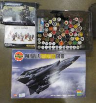 Over 100 tins of model paints, most Humbrol, two Warhammer model kits and an Airfix Panavia
