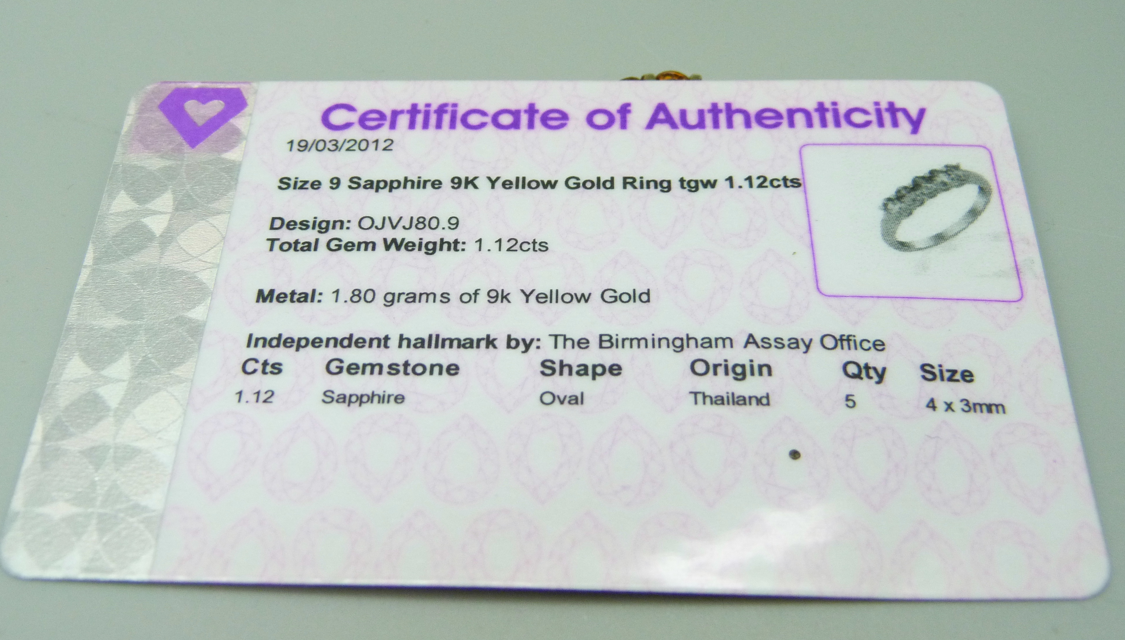 A 9ct gold yellow sapphire ring, 2.1g, M, with certificate - Image 4 of 4