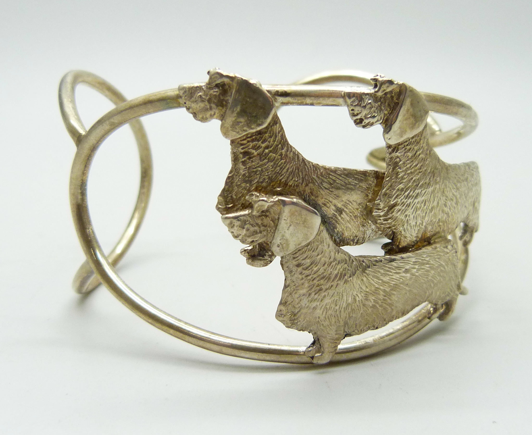 A silver cuff bangle with three wired hair dachshund detail - Image 2 of 4