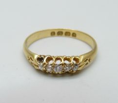 A Victorian 18ct gold and diamond ring, Birmingham 1891, 2.8g, R