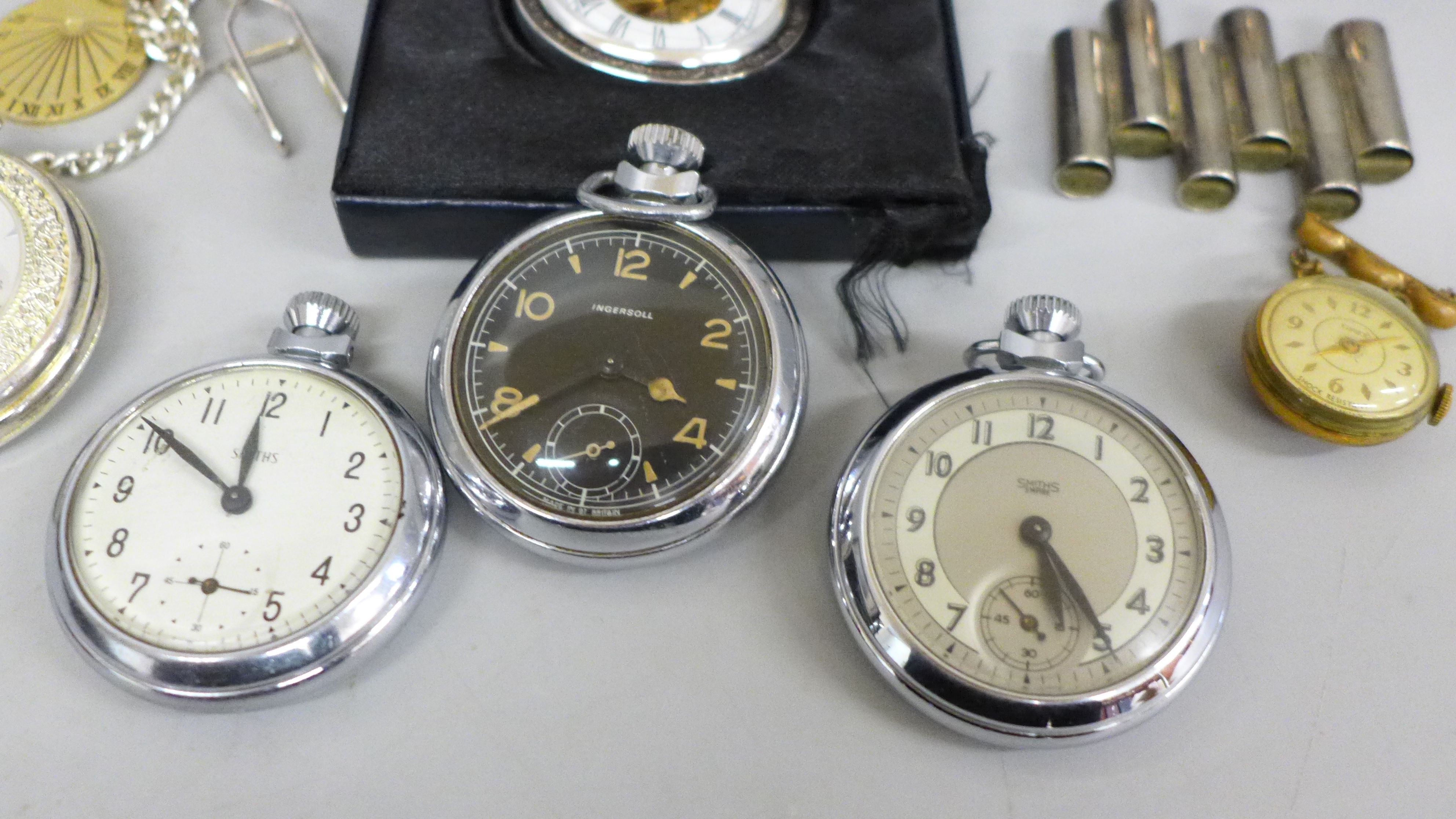 Five pocket watches, a small clock with abolone detail and a small Wedgwood Old Mrs Rabbit tea pot - Image 3 of 5