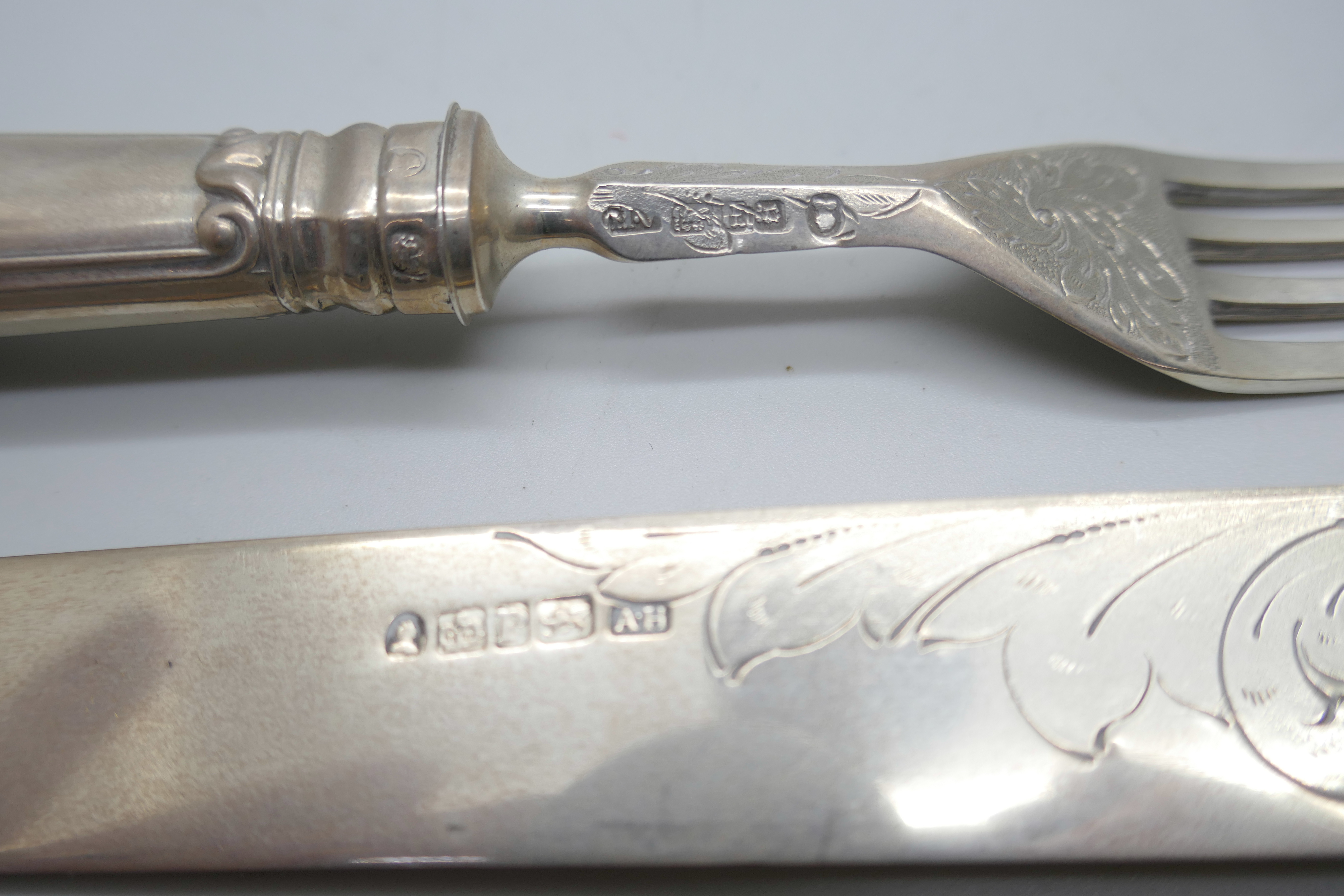 A 19th Century silver knife and fork in a fitted case, Sheffield 1835, outer box a/f - Image 3 of 4