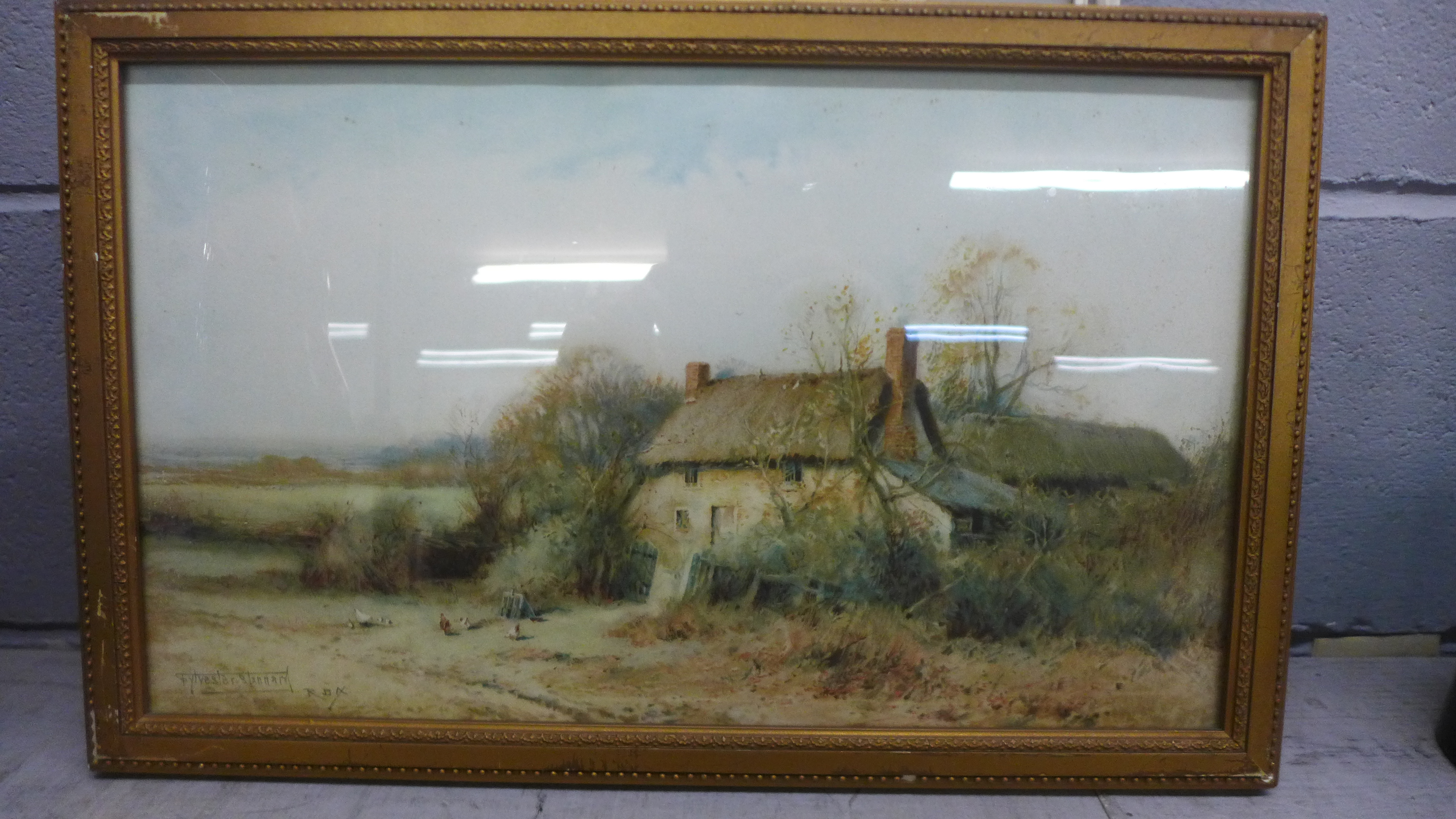 A pen and ink watercolour of a beach scene. A pair of Sylvester Stannard rural landscapes prints. - Bild 9 aus 15