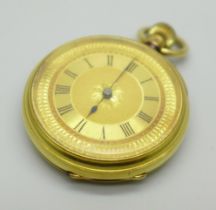 An 18ct gold fob watch, hallmarked Chester 1893, inner case also marked 18ct, total weight 51.3g,