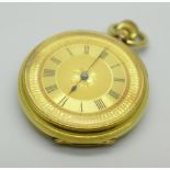 An 18ct gold fob watch, hallmarked Chester 1893, inner case also marked 18ct, total weight 51.3g,