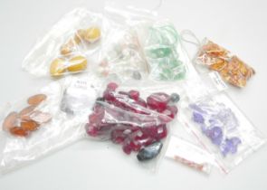 Loose beads and Gemstones including amber, a agate flower, rose quartz, cornelian, etc