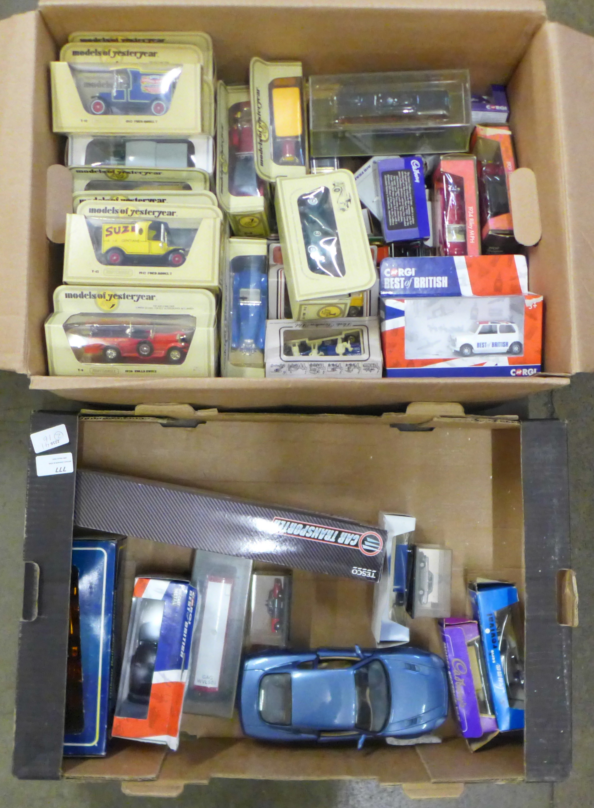 Two boxes of die cast model vehicles, Models of Yesteryear, Days Gone, Corgi, etc
