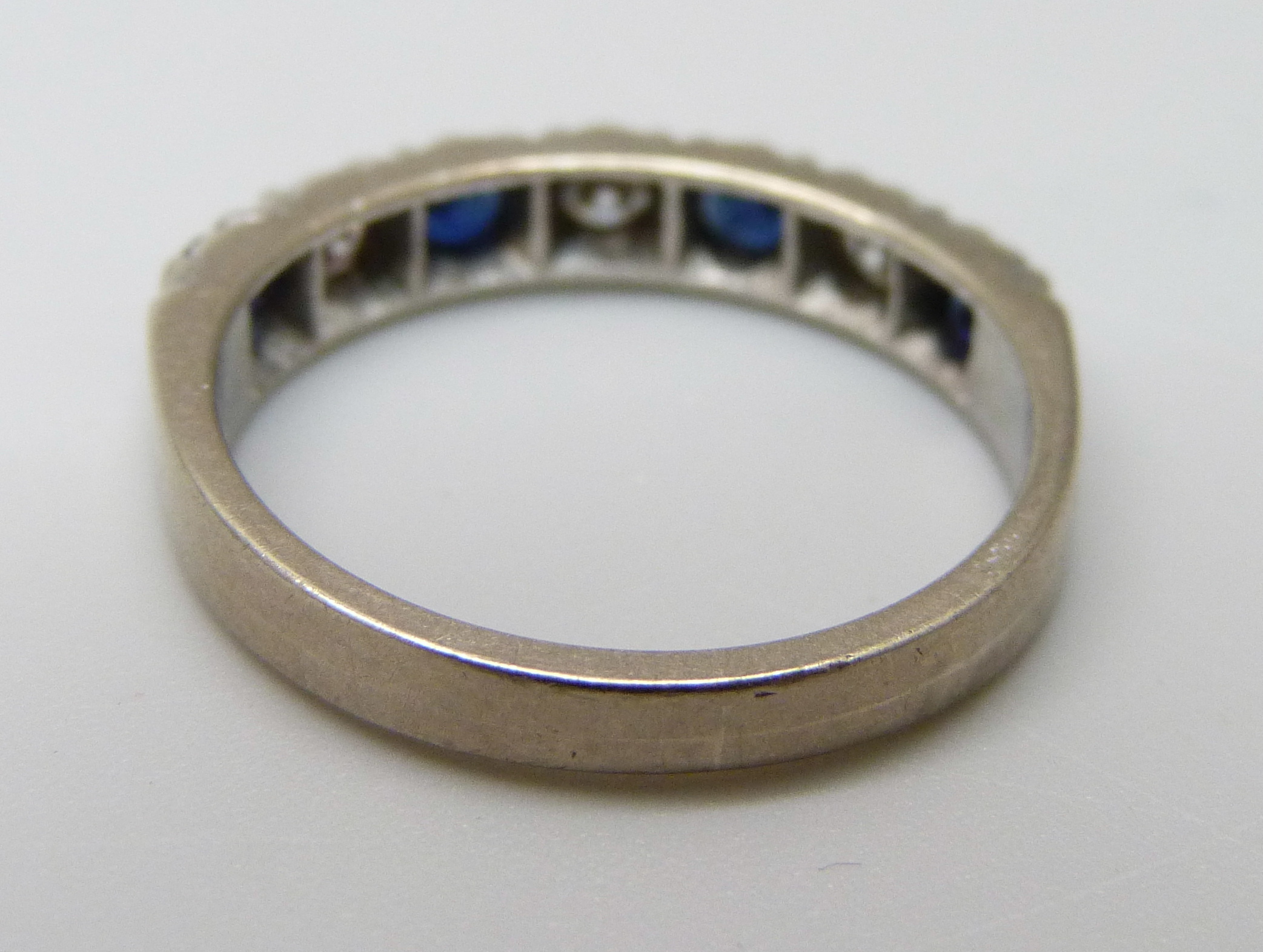 An 18ct white gold, diamond and sapphire ring, Sheffield 1977, 5.1g, Q, over 0.5ct total diamond - Image 3 of 3