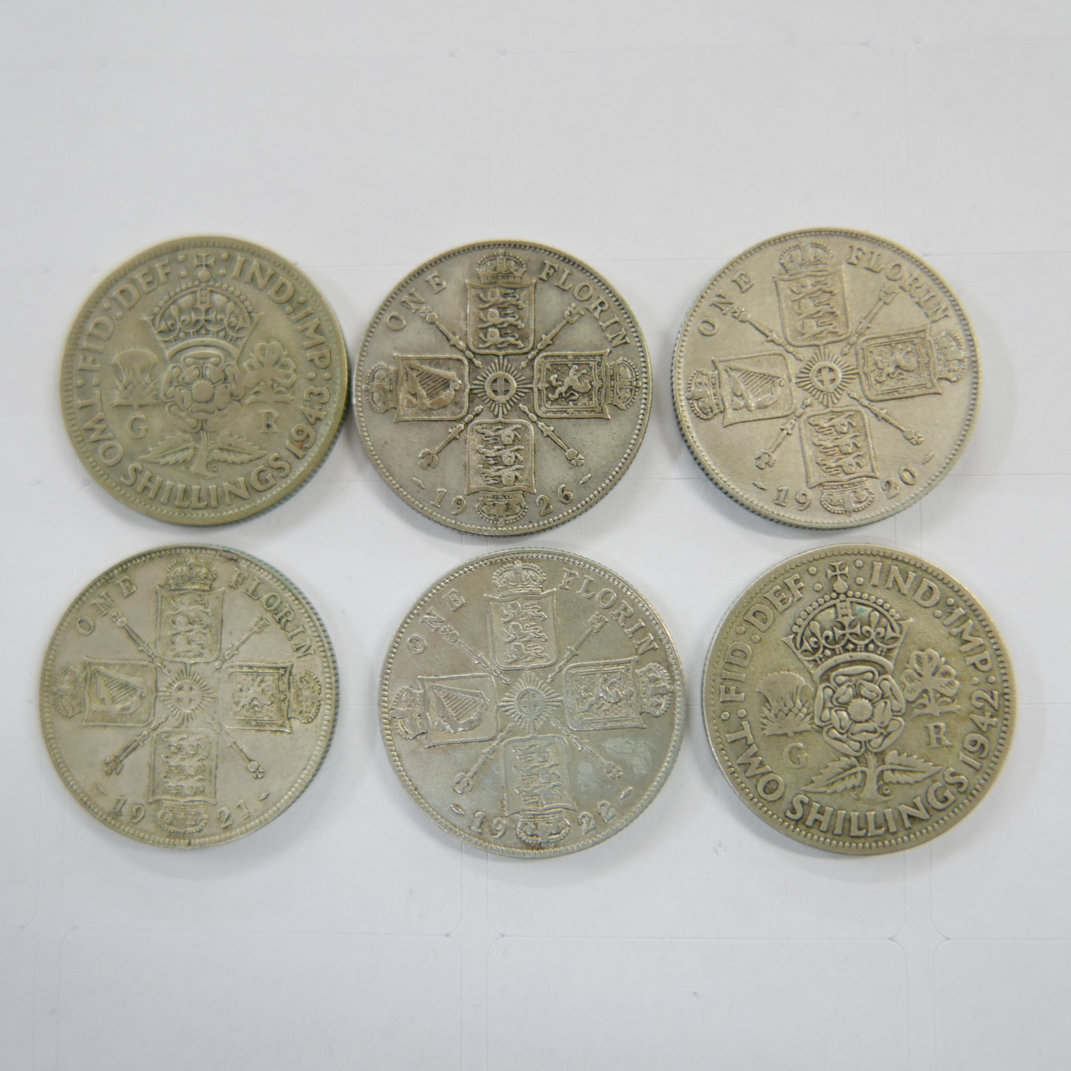 Six florins/two shillings coins, 1920, 1921, 1922, 1926, 1942 and 1943 - Image 2 of 2
