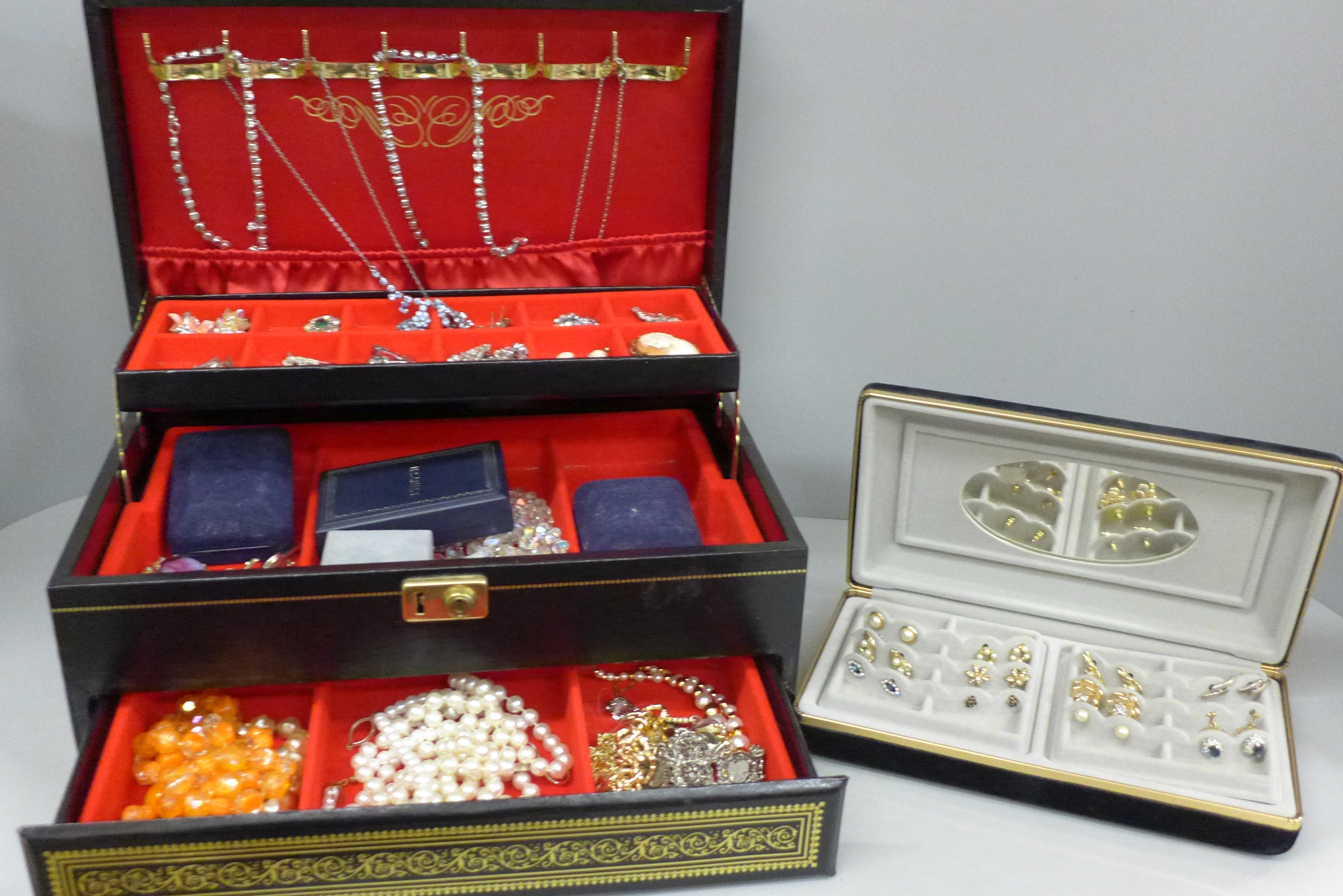 Costume jewellery including silver rings and earrings and a box of earrings, some pairs 9ct gold